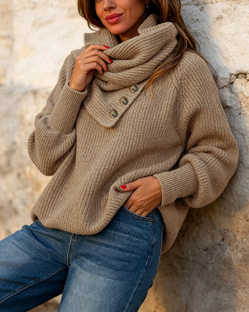 Wrap-Style Cowl Collar Knit Sweater in Coffee - Coffee