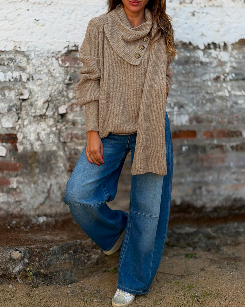 Wrap-Style Cowl Collar Knit Sweater in Coffee - Coffee