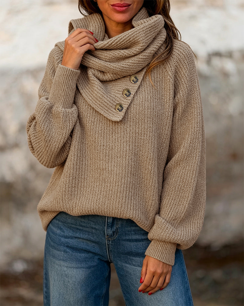 Wrap-Style Cowl Collar Knit Sweater in Coffee - Coffee